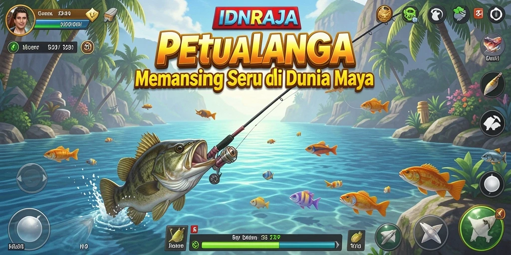 Tampilan gameplay <strong>IDNRAJA</strong> yang menarik saat memancing di danau.