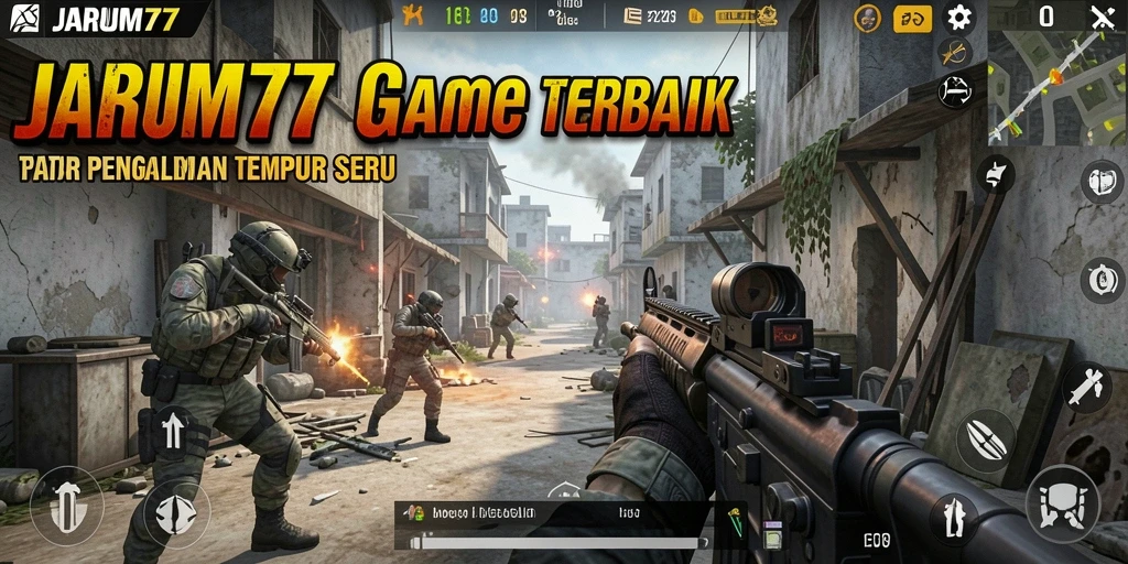 Screenshot utama JARUM77 menampilkan gameplay intens di medan perang.